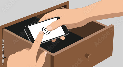 An illustration showing a hand placing a smartphone into an open wooden drawer