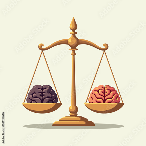 human brain on scales of justice for medical blogs, psychology sites, ethical dilemma presentations, mental health awareness, law and neurology infographics, with copy space