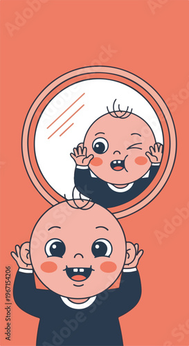 A cute cartoon baby looking at its own reflection in a round mirror on orange