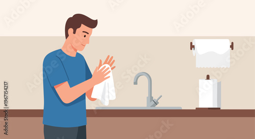 A man in a blue shirt dries his hands with a white towel by a kitchen sink