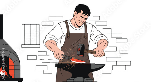 A blacksmith forging a glowing metal blade on an anvil in a brick workshop shop