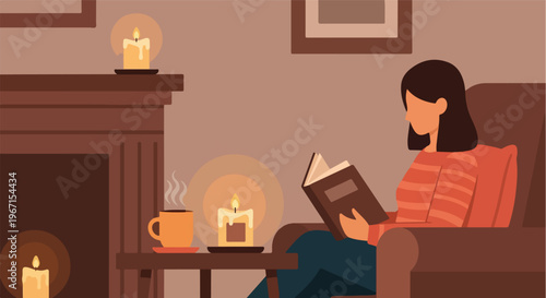 A cozy woman sitting in an armchair by a fireplace reading a book with a drink