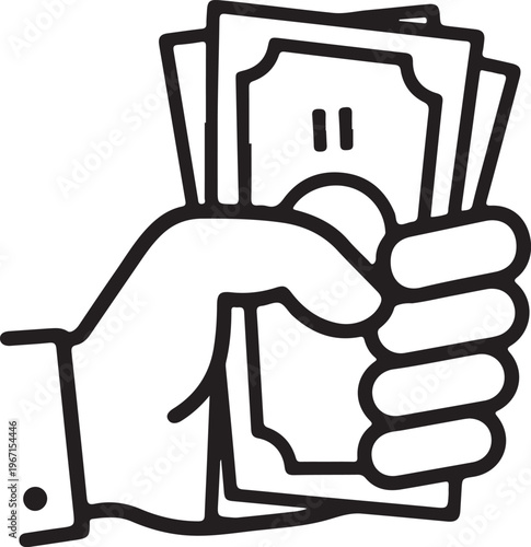 Minimalist hand holding fanned dollar banknotes line icon for cash payment wages salary financial transaction and charity donation concept