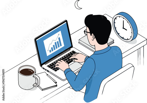 Man Working Late at Night on Laptop Analyzing Growth Charts, Isometric Vector Illustration of Overtime Work, Remote Business, and Professional Productivity.