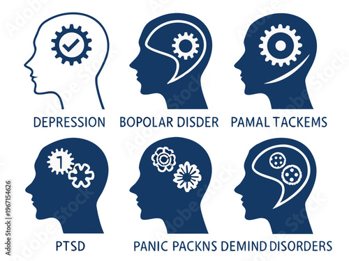 Mental health icon set. Containing depression, bipolar, PTSD, panic and mind disorder icons. Psychology solid symbol vector illustration.
