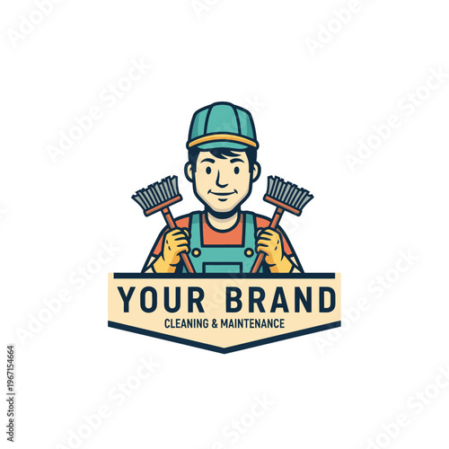 Cartoon janitor holding cleaning tools logo.