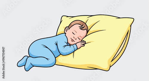 A peaceful baby in blue pajamas sleeping soundly on a soft yellow bed pillow