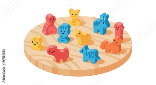 A collection of colorful wooden animal figurines arranged on a wooden board base