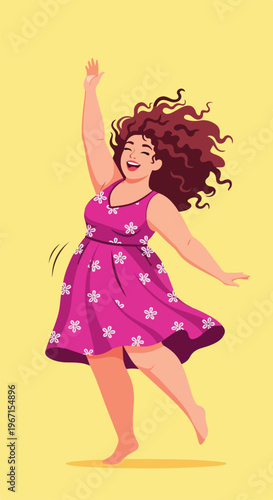 A joyful woman with curly hair dances happily in a vibrant floral pink dress