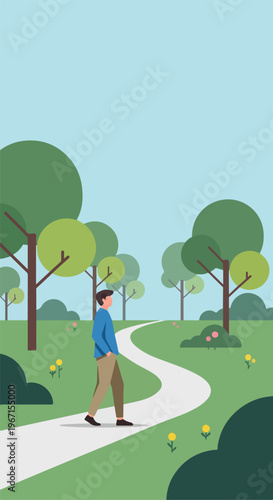 A man in casual clothes walking along a curved pathway in a stylized park scene