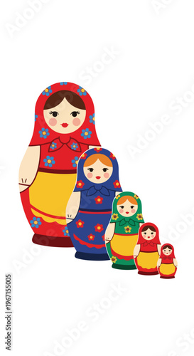 Five traditional colorful nested wooden dolls lined up on a white background