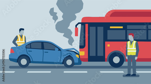 Car and bus collision on a street with two people wearing safety vests