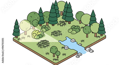 Isometric forest landscape with river and trees.
