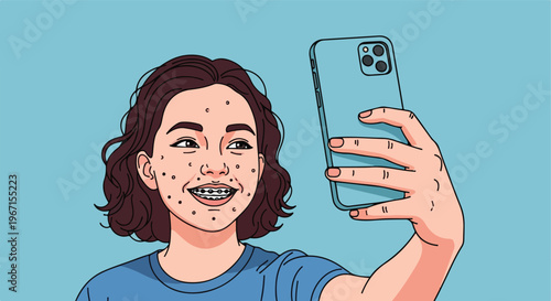 A girl with acne and braces holds a mobile phone to take a selfie illustration