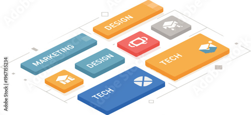 3D Isometric Business Concept Illustration with Marketing Design and Technology Modules