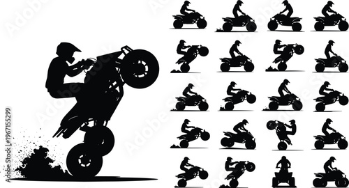 Black Silhouette Collection of Professional ATV Rider Performing Wheelies Jumps and Extreme Off Road Quad Bike Stunts on White Background