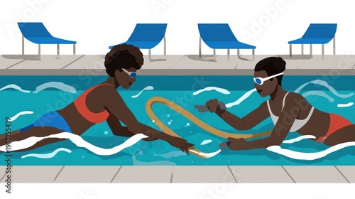 Wallpaper Mural Two women swim, using a yellow hose, in a pool near lounge chairs Torontodigital.ca