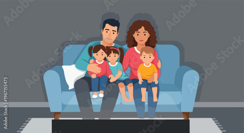 A family of five sitting together on a blue couch in a cozy living room space