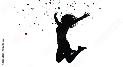 Joyful woman jumping with confetti falling a celebratory black silhouette