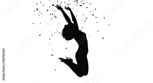 Woman joyfully jumping with confetti falling a celebratory black silhouette