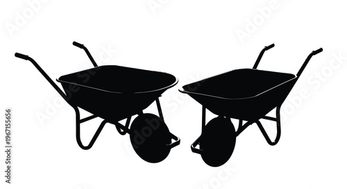Two black wheelbarrows are displayed against a white background a bold silhouette