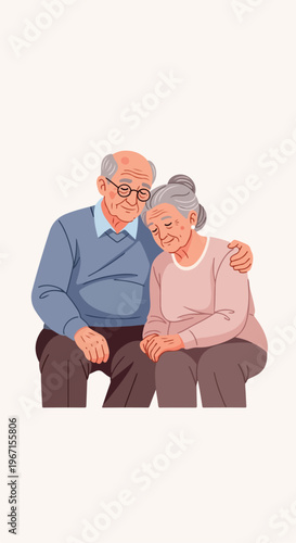 An elderly couple sitting close together with expressions of comfort and support