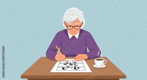 An elderly woman wearing glasses sitting at a table solving a crossword puzzle