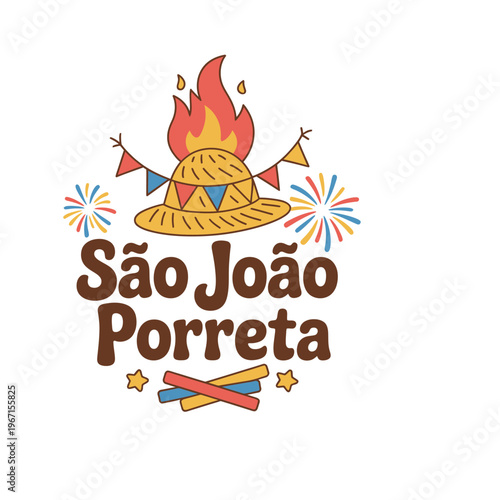 Sao Joao Porreta Brazilian Folklore Festival Logo with Straw Hat and Bonfire