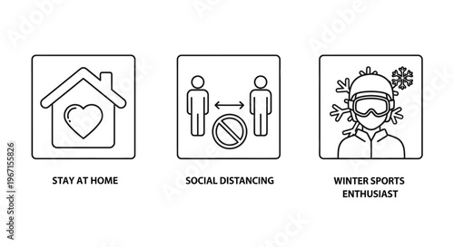 Three icons representing safety guidelines home distancing and sports silhouette