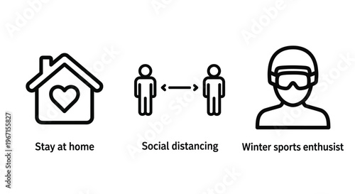 Icons depicting staying home social distancing and winter sports silhouette