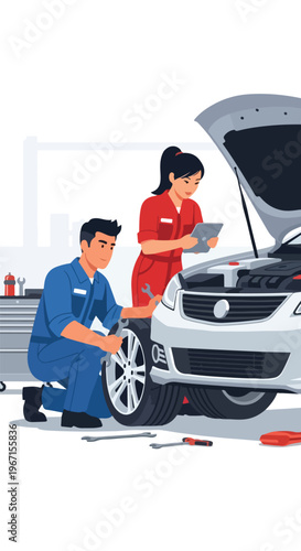 Two mechanics working on a car in a service shop using tools and a tablet device