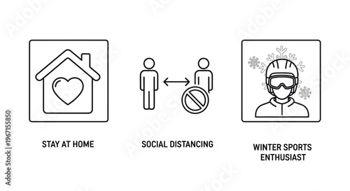 Covid 19 safety guidelines stay home distance and winter sports silhouette