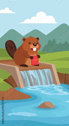 A friendly cartoon beaver holding a red folder sits by a flowing garden dam