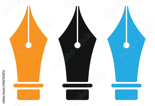 Colorful fountain pen nib icons in orange, Black, And blue for writing and drawing vector illustration