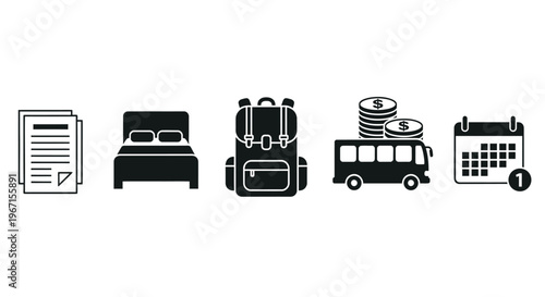 Travel icons representing planning lodging transport finances and scheduling silhouette