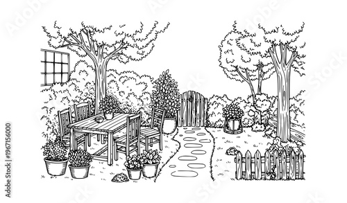 Cozy backyard garden sketch vector in black and white with table chairs plants and outdoor scenery in hand drawn style