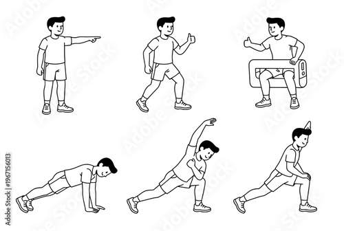 Fitness illustrations of a man performing various exercises and poses in a studio