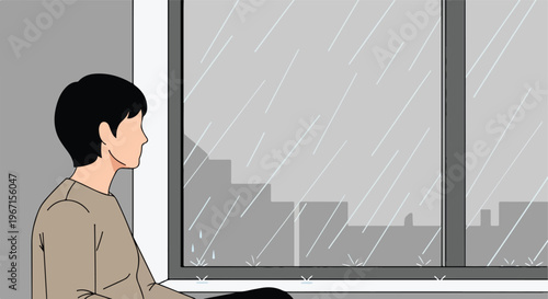 A flat illustration of a person looking out of a window during a rainy day view