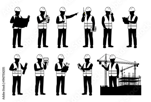 Construction workers in various poses on a site with a crane