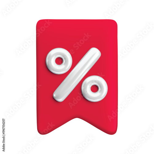 Vector cartoon 3d Sale badge. Red ribbon label with percent sign. Realistic 3d render online shop sticker. Cute design bookmark element for sale banner design, tag, ad, app, discount, special offer.