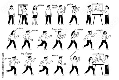 A man presents various illustrations on an easel to people in different poses and locations.