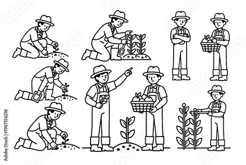Farmers are planting and harvesting crops in a field with baskets.