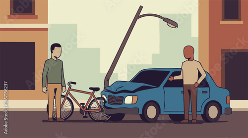 Car and bicycle collision with bent street lamp, two men assessing damage.