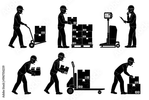 Workers loading and moving boxes with industrial equipment in a warehouse setting