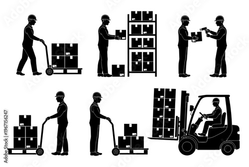 Workers are loading and unloading boxes from a warehouse using forklifts and hand trucks.