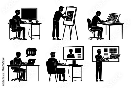 Business professionals working on computers and collaborating in an office setting with technology