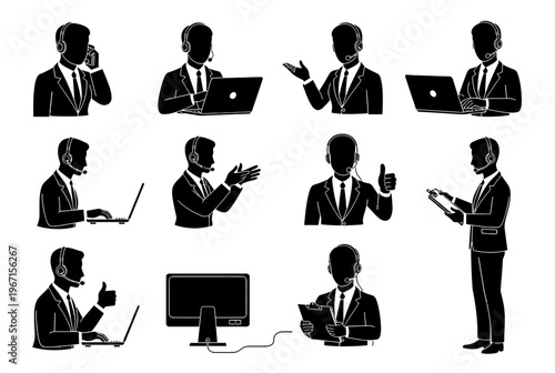 Businessman working on laptop and computer in office setting with various gestures