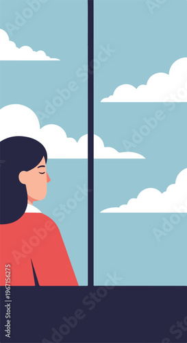 A profile view of a calm woman looking out of a window at a sky with clouds