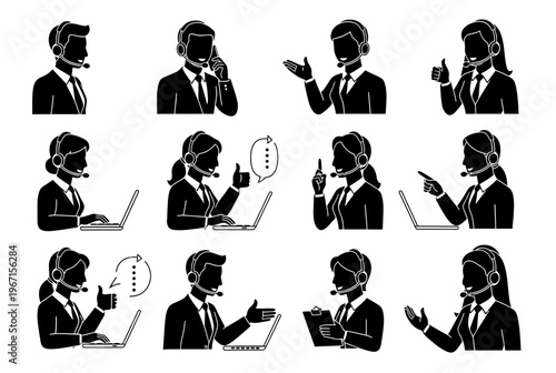Business professionals interacting with laptops and expressing emotions in an office setting with gestures and speech bubbles.