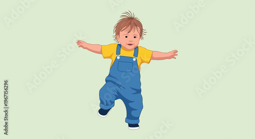 A small child in a yellow shirt and blue denim overalls takes their first steps